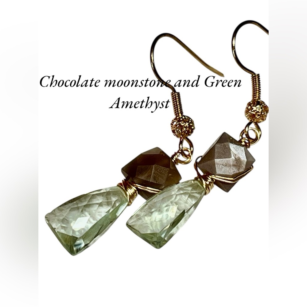 Elegant Green Amethyst and Chocolate  Moonstone Gemstone Earrings